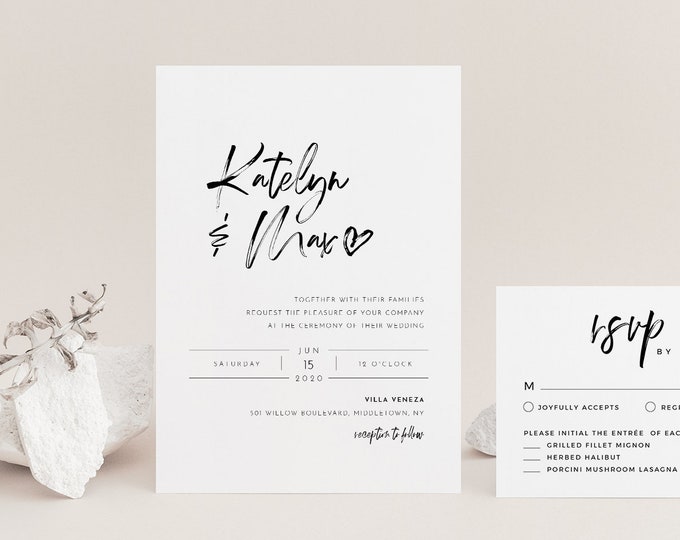 Modern Script Wedding Invitation Set, Minimalist, Classy, 100% Editable Template, INSTANT DOWNLOAD, Invite, RSVP, Details, Templett #090A