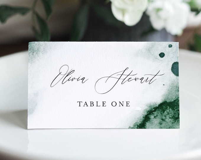 Watercolor Place Card Template, Printable Emerald Wedding Escort Card with Meal Option, INSTANT DOWNLOAD, Editable, Templett #0002-183PC