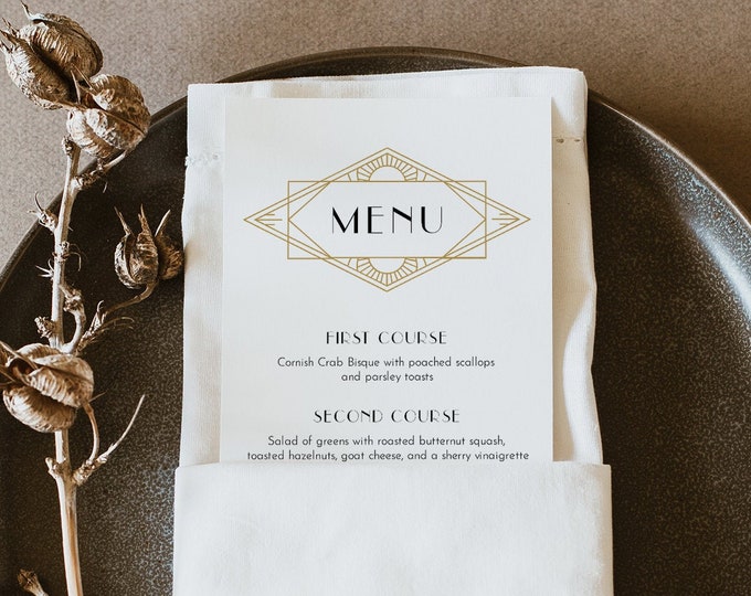Art Deco Dinner Menu Template, Printable Minimal Retro Wedding Menu Card, 100% Editable, Gold & Black, Instant Download, Templett 0021-198WM