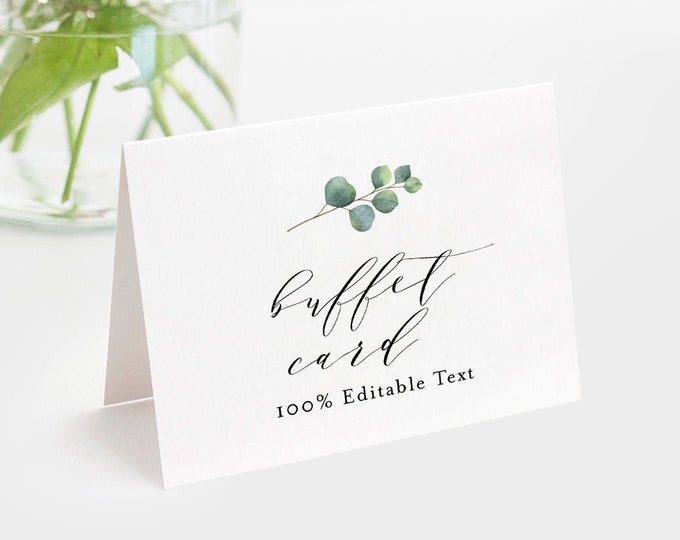 Eucalyptus Buffet Card Template, Food Label, Wedding Buffet Printable, 100% Editable Text, Tent Card, Templett, Instant Download #036-104BC