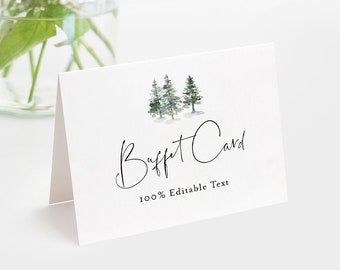 Winter Buffet Card Template, Food Label, Pine Tree Wedding Buffet Printable, Instant Download, 100% Editable Text, Templett #073-107BC