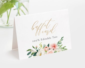 Buffet Card Template, Food Label, Boho Floral Wedding Buffet Printable, Instant Download, 100% Editable Text, Tent Card, Templett #043-103BC