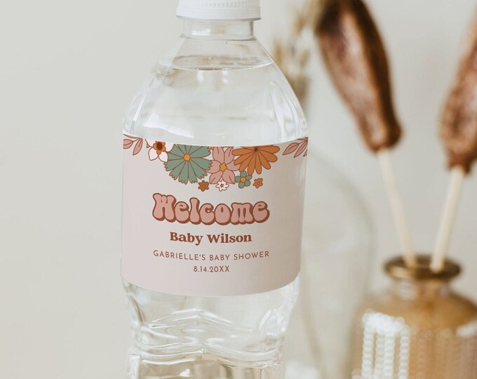 Groovy Baby Shower Water Bottle Label, Retro Hippie Water Bottle Sticker Template, Editable, Instant Download, Templett #050-132BL