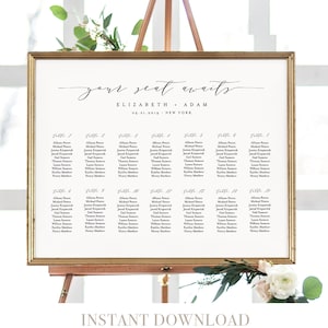 May include: A printable wedding seating chart template with a white background and black text. The chart is titled "your seat awaits" with the names Elizabeth and Adam and the date 09.21.2019. The chart lists tables 1 through 12 with guest names.