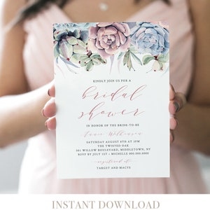 Succulent Bridal Shower Invitation, Printable Couples Shower Invite, 100% Editable Template, INSTANT DOWNLOAD, Boho Cactus 041-117BS image 1