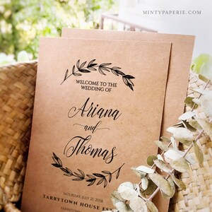 Programa de casamento para impressão, louros rústicos, modelo de programa de cerimônia, papel Kraft, DOWNLOAD INSTANTÂNEO, totalmente editável, digital, DIY #023-105WP