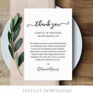 Carta de agradecimiento de boda, nota de agradecimiento, boda imprimible en lugar de tarjeta de favor, plantilla totalmente editable, descarga instantánea #030-101TYN