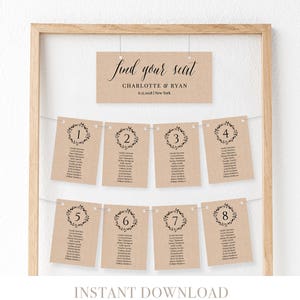 Plantilla de gráfico de asientos de boda, plan de asientos, tarjeta de mesa, 100% editable, bricolaje, imprimible, descarga instantánea, boda rústica Kraft #010-102SP