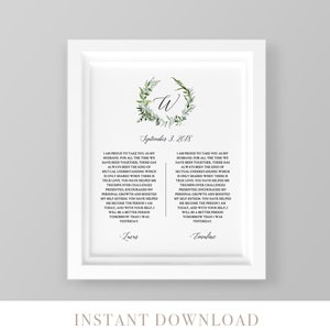 Anniversary Gift, 1st Year Paper, Wedding Vow Keepsake Wall Art, 100% Editable Template, Printable, Green Wreath 8x10 & 16x20 #016-110LS