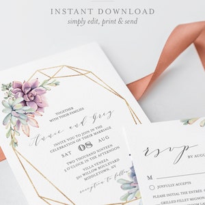 Succulent Wedding Invitation Set, Instant Download, 100% Editable Template, Printable Boho Cactus Invite, RSVP & Detail, Templett, DIY 041A image 1