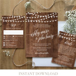 Wedding Invitation Template, Printable Rustic Wood String Lights Invite Set, RSVP, Details, Instant Download, Fully Editable, DIY #014