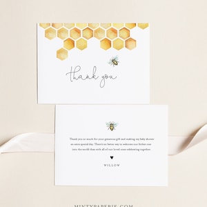 Tarjeta de agradecimiento de abeja, Honey Bee Baby Shower gracias, plantilla editable, tarjeta de nota plana y doblada, descarga instantánea, Templett #097-156TYC