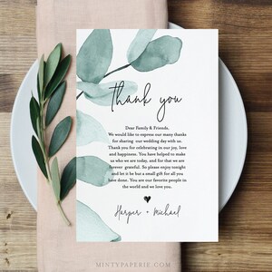 Carta de agradecimiento, Plantilla de tarjeta de boda verde en lugar de favor, Nota de servilleta, DESCARGA INSTANTE, Texto 100% editable, Templett #049-110TYN