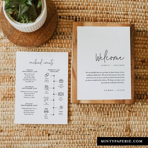 Minimalist Welcome Letter & Timeline Template, Simple Wedding Order of Events, Itinerary, INSTANT DOWNLOAD, 100% Editable Text #095A-157WB