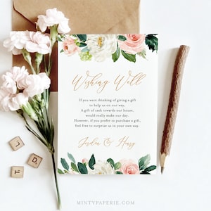 Wunschbrunnen Hochzeitseinlage, Brautparty, SOFORTIGER DOWNLOAD, 100% bearbeitbare Vorlage, Hochzeitsfond, Blush Florals & Greenery, DIY #043-115EC