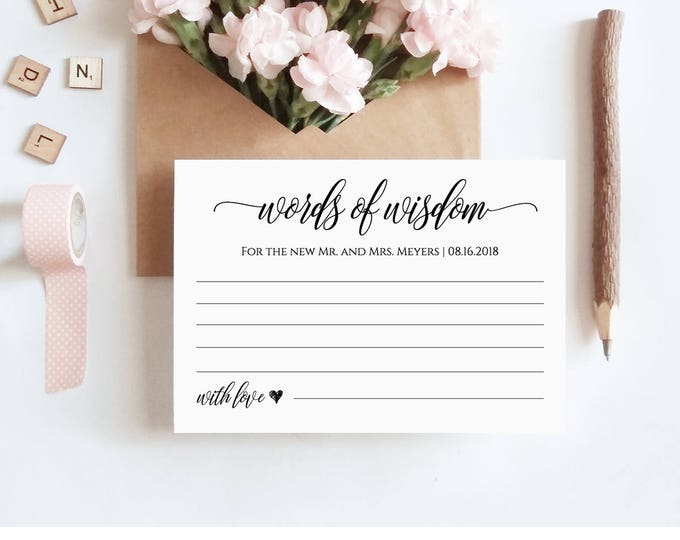 Words of Wisdom Card Template, Wedding Advice Printable Card, Bridal Shower Games, 100% Editable, Instant Download, Digital, DIY #023-106EC