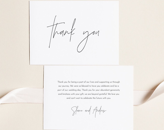 Modern Thank You Folded & Flat Card, Minimal Wedding / Bridal Shower Note, Editable Template, Instant Download, Templett, 3.5x5 #0026-190TYC