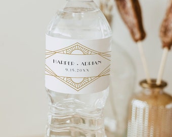Art Deco Water Bottle Label Template, Retro Wedding Water Sticker, Printable, 100% Editable Text, Instant Download, Templett #0021-129BL