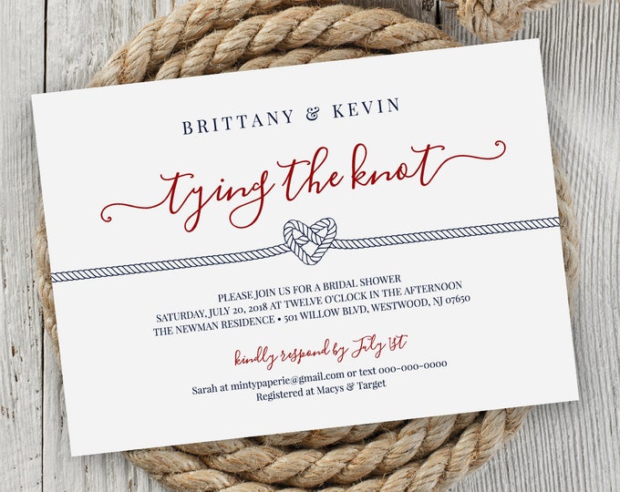 Bridal Shower Invitation Printable, Nautical Wedding Shower Invite Template, Tying / Tie the Knot, Instant Download, Editable #030-201BS