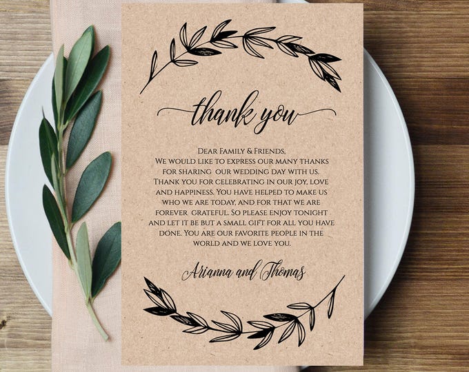 Printable Wedding Thank You Letter, Reception Thank You Note, In Lieu of Favor Card, 100% Editable, Instant Download, Digital #023-102TYN