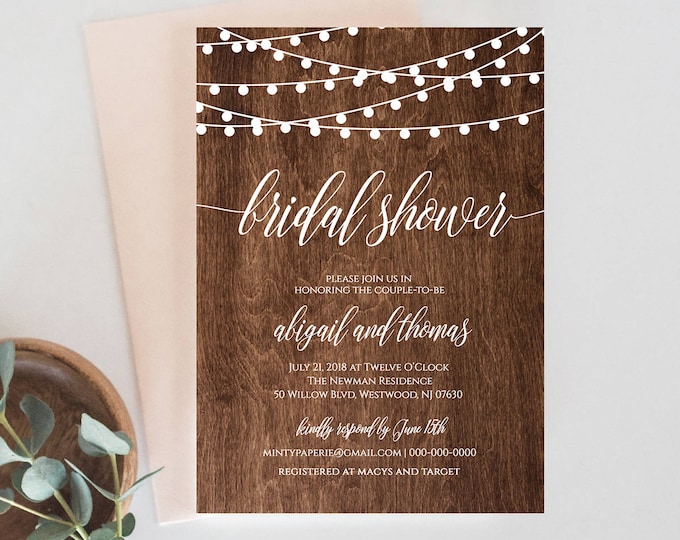 Bridal Shower Invitation Template, Printable Rustic Wedding Shower Invite, String Lights, Fully Editable, DIY, Instant Download #014-126BS