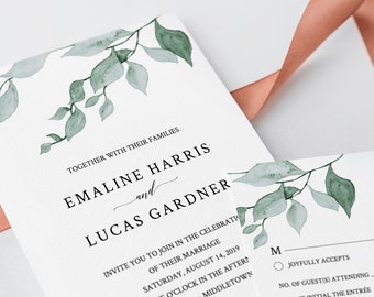 Watercolor Greenery Wedding Invitation Template, 100% Editable, INSTANT DOWNLOAD, Printable Delicate Leaves Invite, RSVP & Details #019