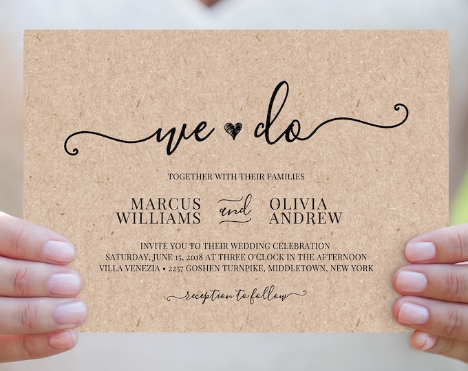 We Do Wedding Invitation Template, Printable Heart Wedding Invite, RSVP, Details Card, Instant Download, Editable, Modern Wedding #030A