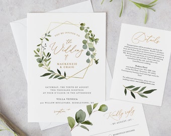 Wedding Invitation Template, Printable Greenery & Gold Invite, RSVP and Details, INSTANT DOWNLOAD, 100% Editable Text, DiY, Templett #056A