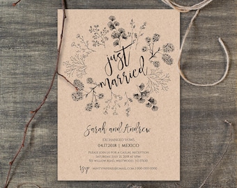 Just Married Elopement Invitation Template, Printable Rustic Wedding Elopement Announcement, Instant Download, Fully Editable #018-101EL