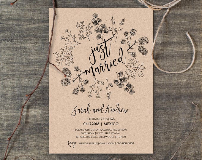 Just Married Elopement Invitation Template, Printable Rustic Wedding Elopement Announcement, Instant Download, Fully Editable #018-101EL