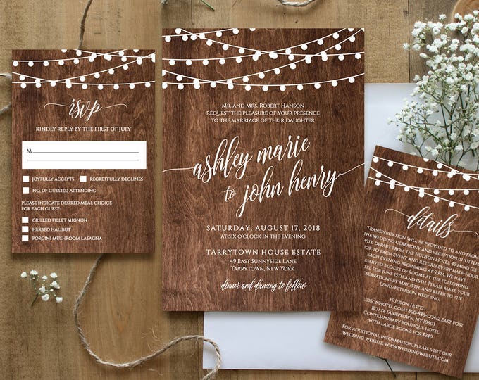 Wedding Invitation Template, Printable Rustic Wood String Lights Invite Set, RSVP, Details, Instant Download, Fully Editable, DIY #014