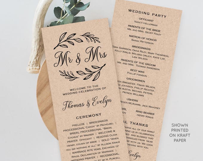 Wedding Program Template,  Printable Order of Service, Ceremony Program, Instant Download, 100% Editable, Mr & Mrs, Rustic Kraft #027-205WP