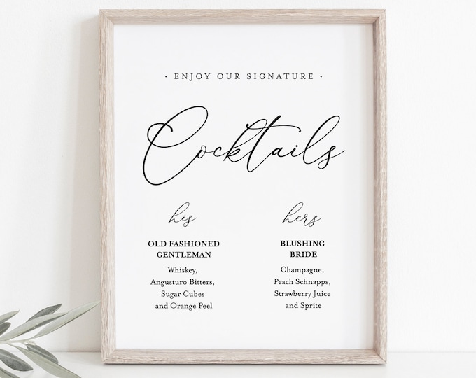 Signature Cocktails Template, Bride and Groom Signature Drinks Printable, INSTANT DOWNLOAD, 100% Editable, Wedding Alcohol Menu, DiY #CHM-09