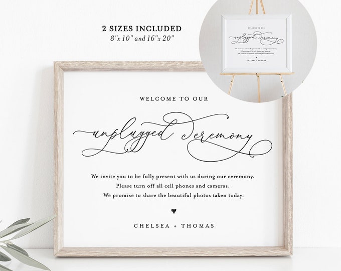 Unplugged Ceremony Wedding Sign, Printable Welcome Sign, No Phone Camera, Editable Template, INSTANT DOWNLOAD, Templett, 8x10 & 16x20 CHM-10