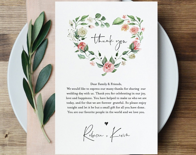 Wedding Thank You Letter, In Lieu of Favor Card Template, Napkin Note, INSTANT DOWNLOAD, 100% Editable Text, Floral Wreath, DIY #058-111TYN