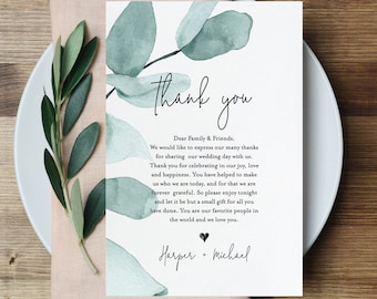 Thank You Letter, Greenery Wedding In Lieu of Favor Card Template, Napkin Note, INSTANT DOWNLOAD, 100% Editable Text, Templett #049-110TYN