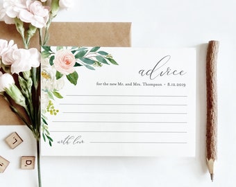 Advice Card Template, Wedding Well Wishes for Bride and Groom, Newlywed, Instant Download, 100% Editable, Blush Florals, DIY #043-113EC