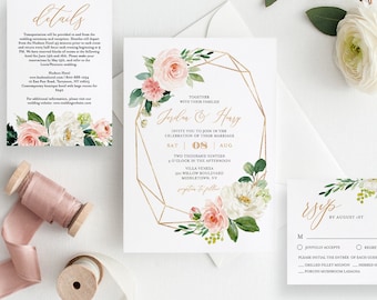 Self-Editing Wedding Invitation Set, 100% Editable Template, INSTANT DOWNLOAD, Watercolor Floral, Greenery, Gold, Boho, Templett, DIY #043A