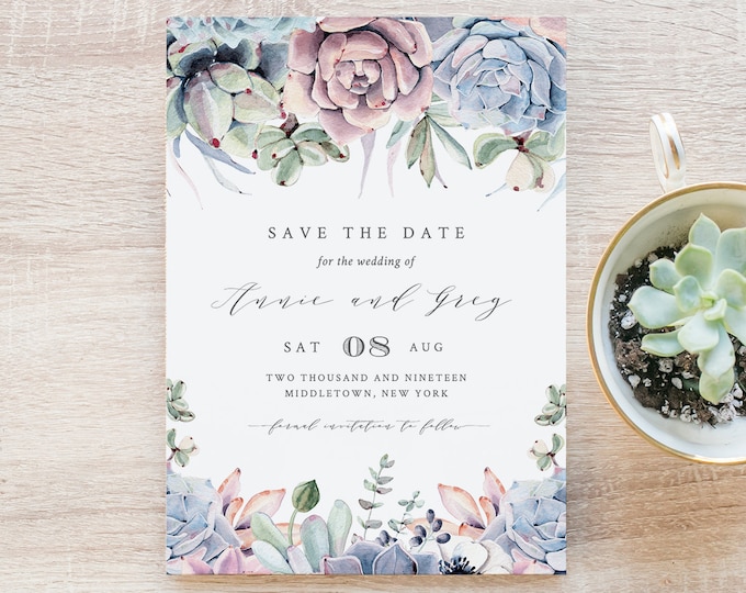 Succulent Save the Date, INSTANT DOWNLOAD, 100% Editable Template, Printable Wedding Date Card, Cactus Florals, DIY, Templett #041-122SD