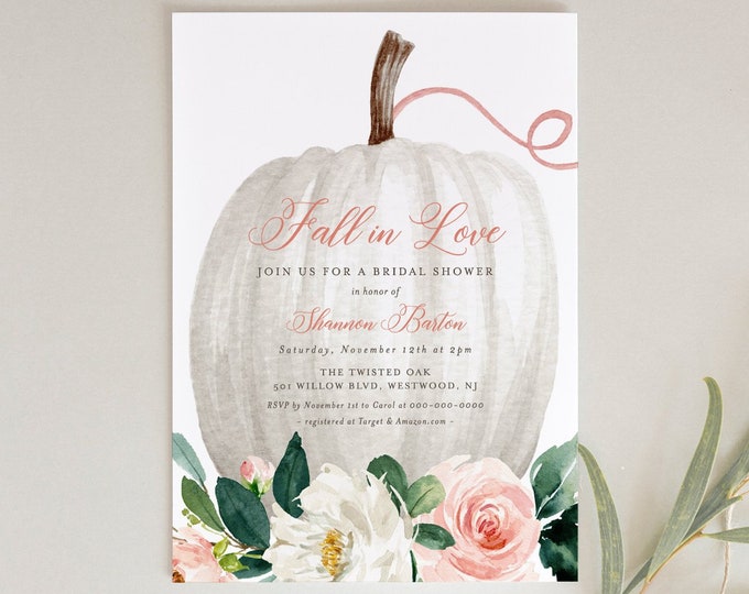 Fall Bridal Shower Invitation Template, Pumpkin Floral Wedding Shower Invite, Fall in Love, Editable, Printable, INSTANT DOWNLOAD 072B-197BS