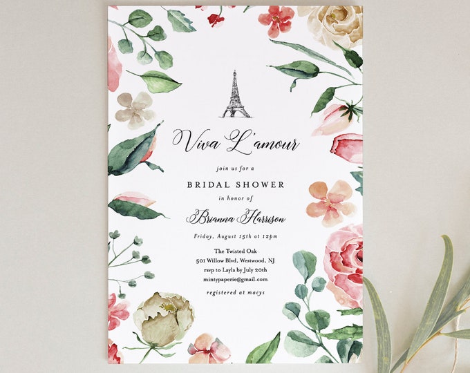 Paris Bridal Shower Invitation, Printable French Wedding Shower Invite, Eiffel Tower, Pink Rose, INSTANT DOWNLOAD, Editable Text #001-170BS