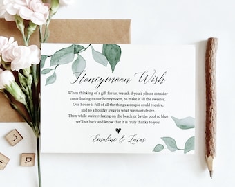 Greenery Honeymoon Wish Template, INSTANT DOWNLOAD, 100% Editable Text, Printable Honeymoon Fund Card, In Lieu of Gifts, Templett #019-118EC