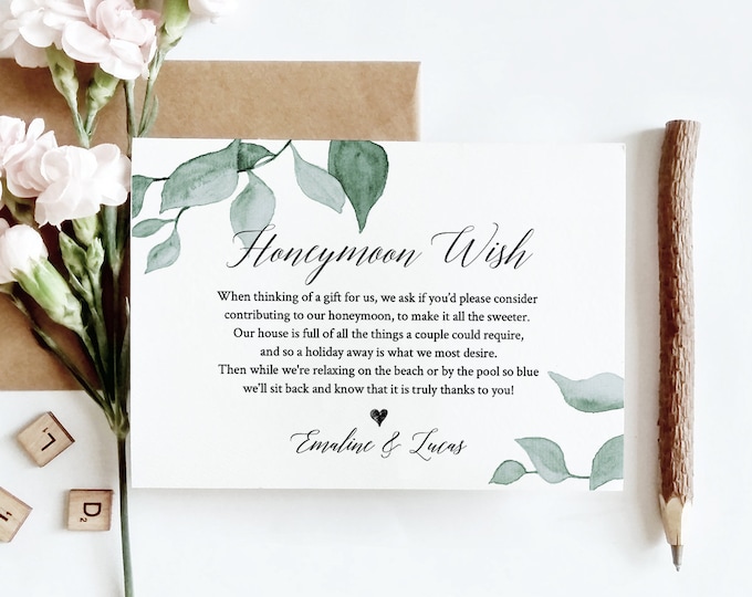 Greenery Honeymoon Wish Template, INSTANT DOWNLOAD, 100% Editable Text, Printable Honeymoon Fund Card, In Lieu of Gifts, Templett #019-118EC