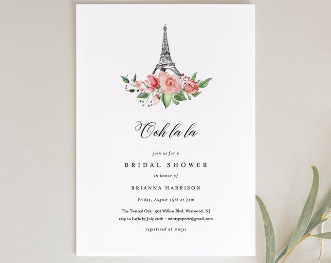 Paris Bridal Shower Invitation Template, Printable French Wedding Shower Invite, Eiffel Tower, INSTANT DOWNLOAD, Editable Text #001-171BS