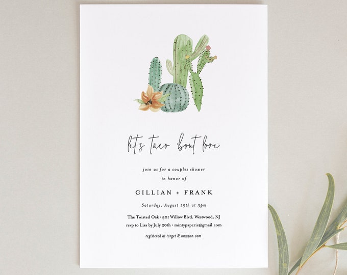 Fiesta Bridal Shower Invitation, Couples Shower Invite, Taco Bout Love, Cactus, Succulent, INSTANT DOWNLOAD, Editable Text, Printable #168BS