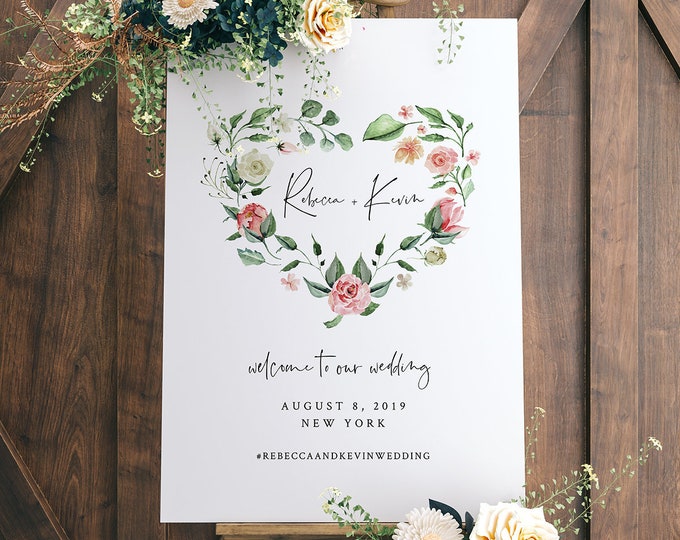 Printable Wedding Welcome Sign, Instant Download, 100% Editable Text, Boho Bridal Shower Sign Template, Floral Heart Wreath, DIY #058-129LS