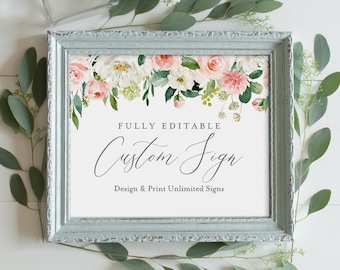 Wedding Sign Template, INSTANT DOWNLOAD, Self-Editing Template, Create Unlimited Signs, Printable, Blush Florals, Boho, Greenery #043-112CS