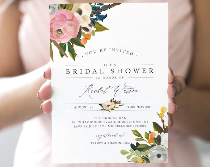 Floral Bridal Shower Invitation, INSTANT DOWNLOAD, Self-Editing Template, Printable Wedding Shower Invite, Boho, DIY, Templett #054-147BS