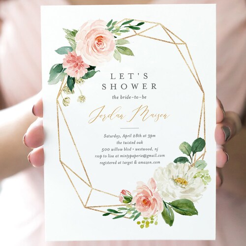 Gold Foil Romantic Rustic Eucalyptus Flowers Floral Blush White Watercolor Bridal Shower Invitation Printable Digital Download PDF