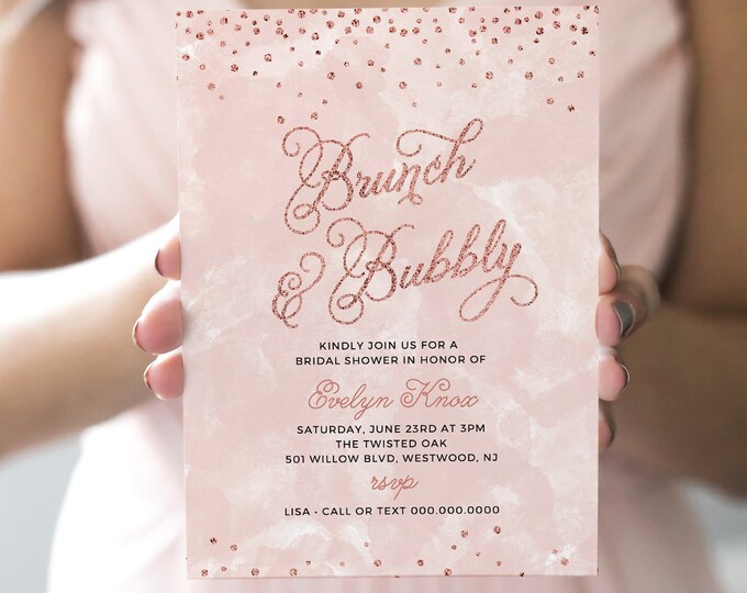 Bridal Shower Invitation Template, Brunch and Bubbly, Instant Download, Wedding Shower, Rose Glitter, Fully Editable, DIY Digital  #132BS